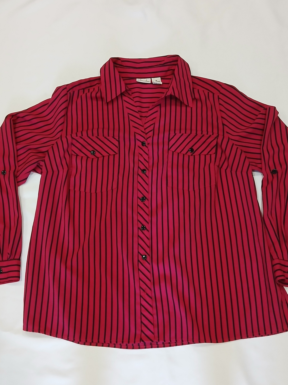 Kim Rogers Womens 2X Plum Black Striped Button Down Silky Shirt Office Business